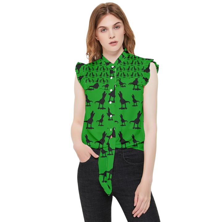 Dinos on a green background Frill Detail Shirt