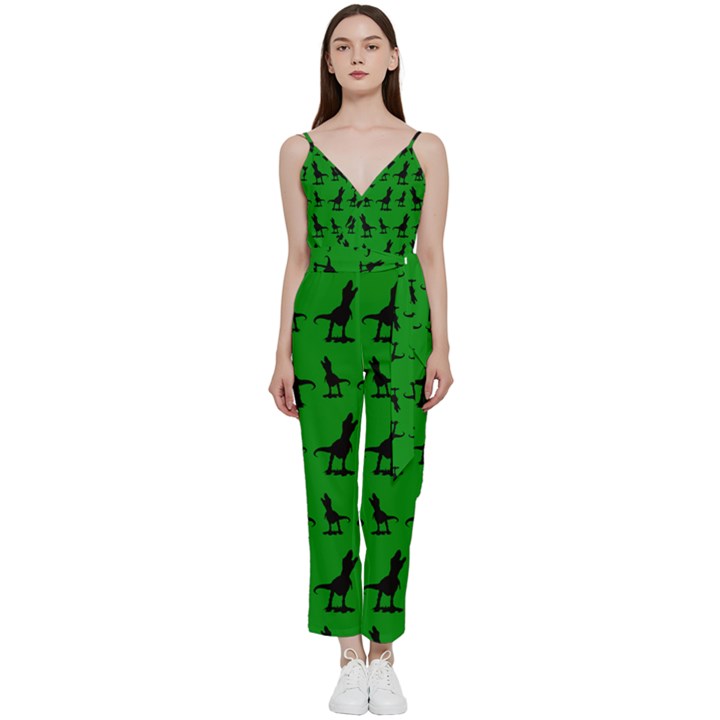 Dinos on a green background V-Neck Camisole Jumpsuit