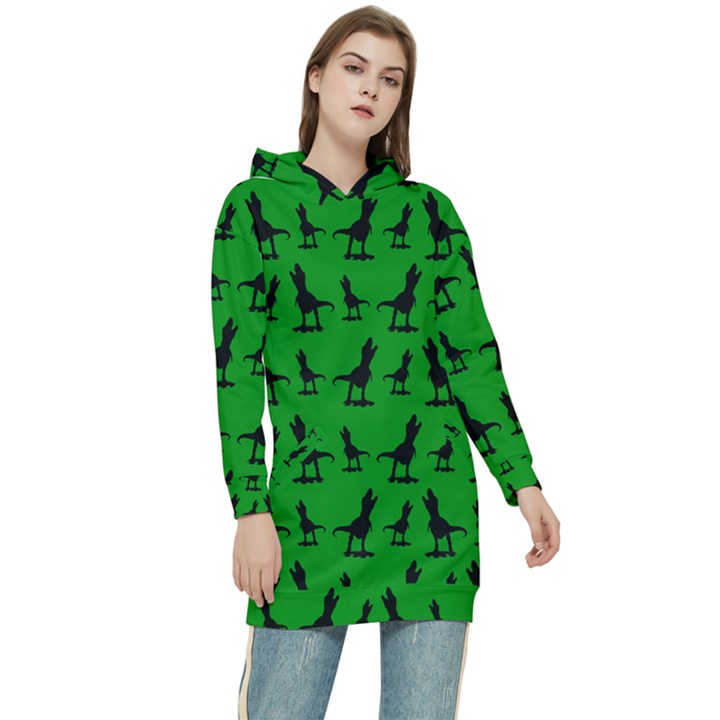 Dinos on a green background Women s Long Oversized Pullover Hoodie