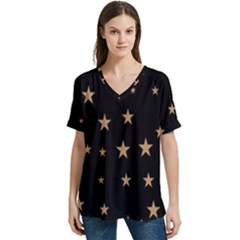 Little Stars Pattern V-neck Split Shoulder Casual T-shirt by ConteMonfrey