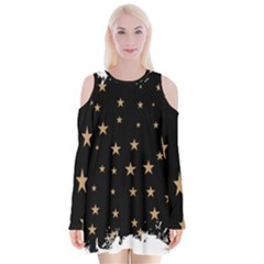 Little Stars Pattern Velvet Long Sleeve Shoulder Cutout Dress