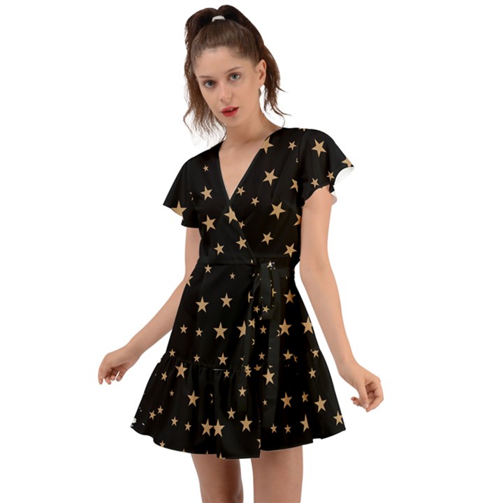 Little Stars Pattern Flutter Sleeve Wrap Dress