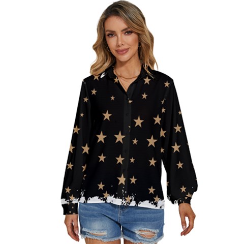 Little Stars Pattern Women s Long Sleeve Button Up Shirt by ConteMonfrey