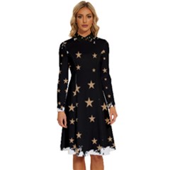 Little Stars Pattern Long Sleeve Shirt Collar A-line Dress