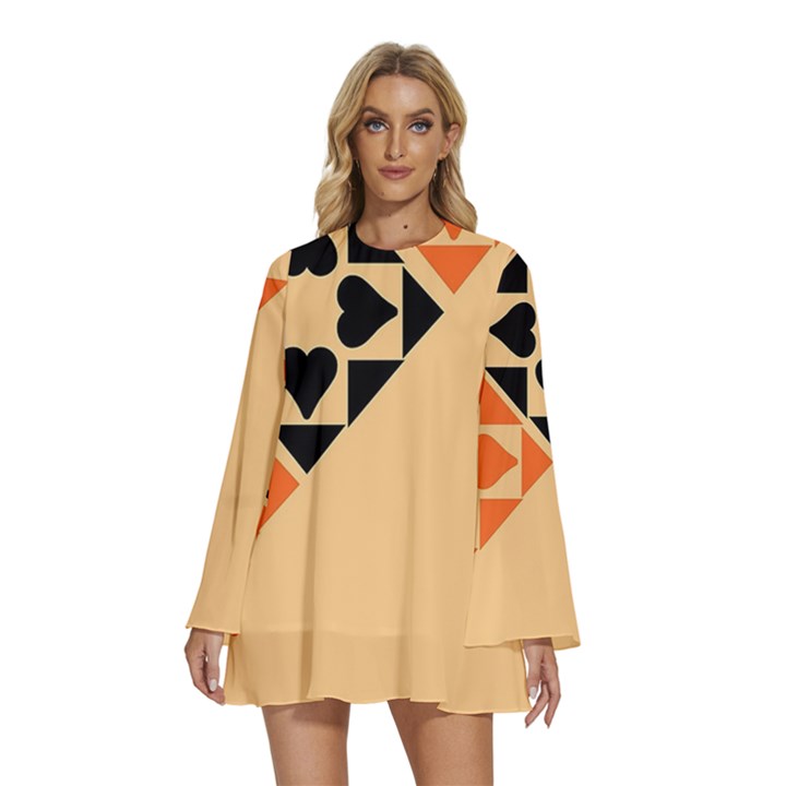 Aesthetic Hearts Round Neck Long Sleeve Bohemian Style Chiffon Mini Dress