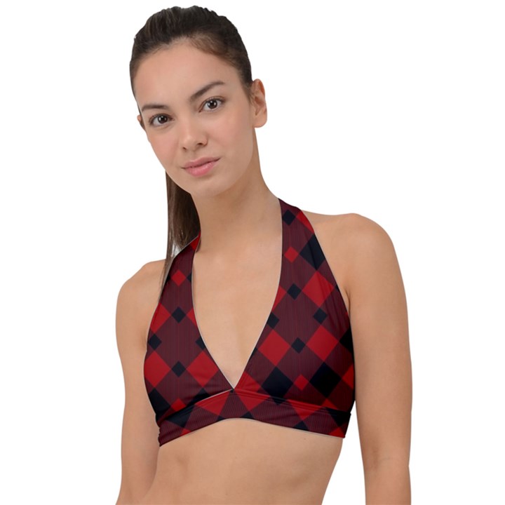 Red Diagonal Plaid Big Halter Plunge Bikini Top