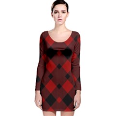 Red Diagonal Plaid Big Long Sleeve Velvet Bodycon Dress