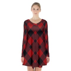 Red Diagonal Plaid Big Long Sleeve Velvet V-neck Dress