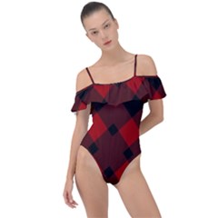 Red Diagonal Plaid Big Frill Detail One Piece Swimsuit by ConteMonfrey