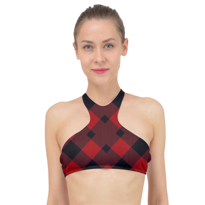 Red Diagonal Plaid Big High Neck Bikini Top