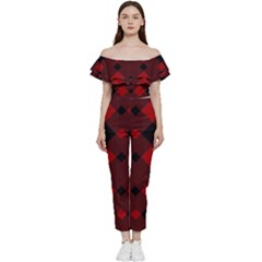 Red Diagonal Plaid Big Bardot Ruffle Jumpsuit by ConteMonfrey