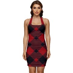 Red Diagonal Plaid Big Sleeveless Wide Square Neckline Ruched Bodycon Dress