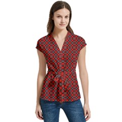 Red Diagonal Plaids Women s Cap Sleeve Mandarin Collar Waist Tie Blouse by ConteMonfrey