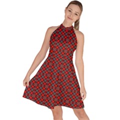 Red Diagonal Plaids Sleeveless Halter Neck A-line Dress by ConteMonfrey