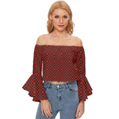 Red Diagonal Plaids Off Shoulder Flutter Bell Sleeve Top