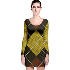 Yellow Plaid Long Sleeve Velvet Bodycon Dress