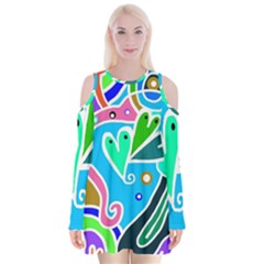 Crazy Pop Art - Doodle Hearts  Velvet Long Sleeve Shoulder Cutout Dress