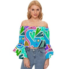 Crazy Pop Art - Doodle Hearts  Off Shoulder Flutter Bell Sleeve Top