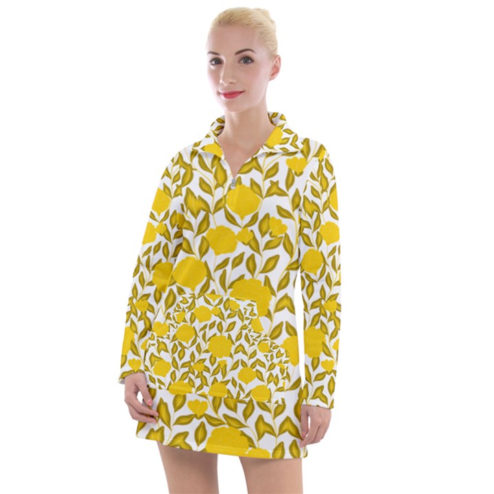 Yellow Flowers Roses On The Wall Lemons Women s Long Sleeve Casual Dress