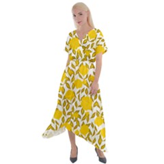 Yellow Flowers Roses On The Wall Lemons Cross Front Sharkbite Hem Maxi Dress