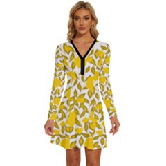 Yellow Flowers Roses On The Wall Lemons Long Sleeve Deep V Mini Dress  by ConteMonfrey