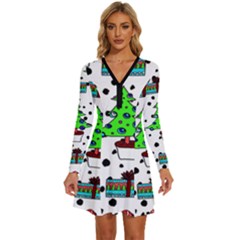 It`s Cold Outside Christmas Pattern Long Sleeve Deep V Mini Dress 