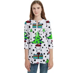 It`s Cold Outside Christmas Pattern Women s Zip Front V-neck 3/4 Sleeve Casual Top Pocket Shirt