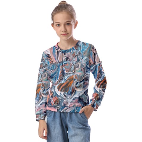 Blue Islands Kids  Long Sleeve T-shirt With Frill  by kaleidomarblingart