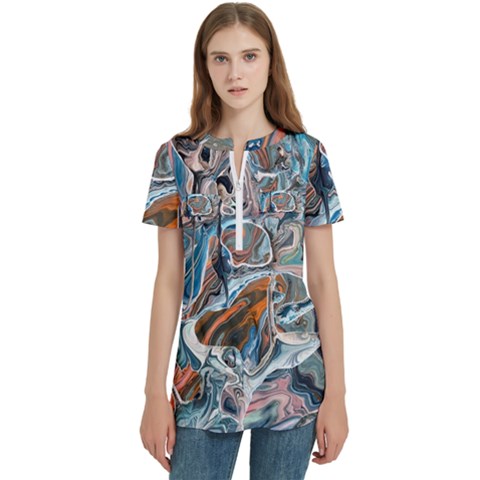 Blue Islands Women s Zip Front V-neck Short Sleeve Casual Top Pocket Shirt by kaleidomarblingart