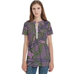 Vibrant Collage Vibes Print Women s Zip Front V-neck Short Sleeve Casual Top Pocket Shirt