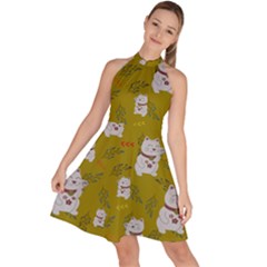 Super Lucky Cat Sleeveless Halter Neck A-line Dress