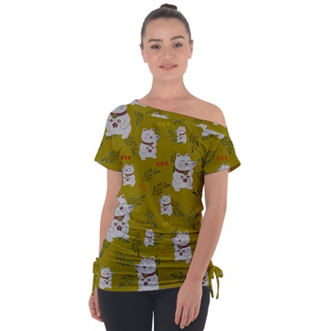 Super Lucky Cat Off Shoulder Tie-up T-shirt by GeekLover