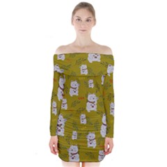 Super Lucky Cat Long Sleeve Off Shoulder Dress