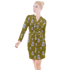 Super Lucky Cat Button Long Sleeve Dress