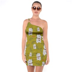 Super Lucky Cat One Shoulder Ring Trim Bodycon Dress