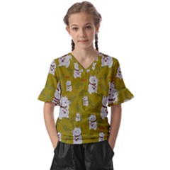 Super Lucky Cat Kids  V-neck Horn Sleeve Blouse by GeekLover