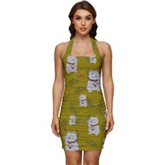 Super Lucky Cat Sleeveless Wide Square Neckline Ruched Bodycon Dress by GeekLover