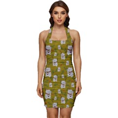 Super Lucky Cat Scaled Sleeveless Wide Square Neckline Ruched Bodycon Dress by GeekLover