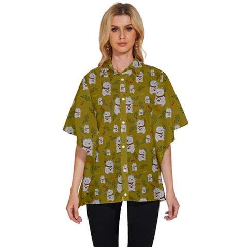 Super Lucky Cat Scaled Women s Batwing Button Up Shirt by GeekLover