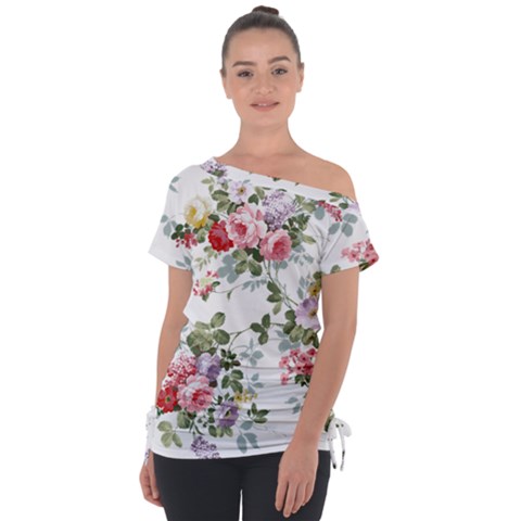 Floral Elements Peony Chinese Rose Off Shoulder Tie-up T-shirt by Grandong