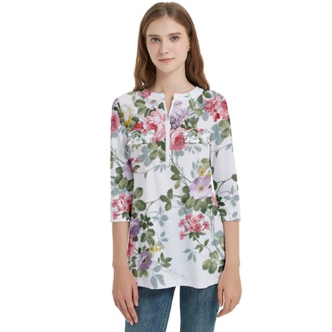 Floral Elements Peony Chinese Rose Women s Zip Front V-neck 3/4 Sleeve Casual Top Pocket Shirt by Grandong