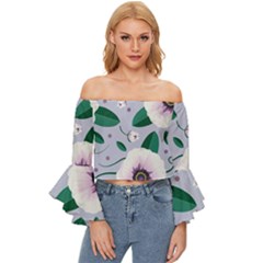 Flowers Petals Blossom Flora Off Shoulder Flutter Bell Sleeve Top