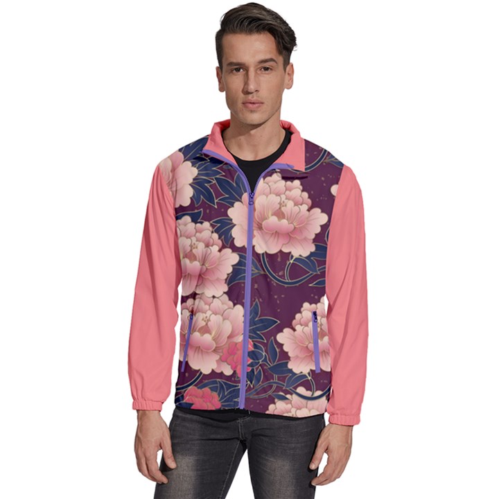 Chinese Elegant Botanic Garden Pink Purple Peony Flower Men s High Neck Windbreaker