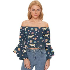 Dogs Off Shoulder Flutter Bell Sleeve Top by StyleHavenStore