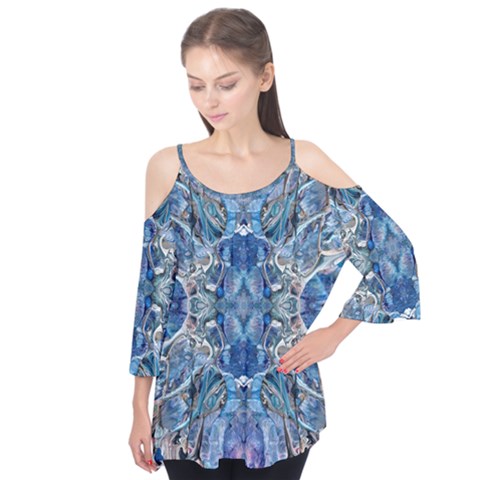 Blue Pour Blend  Flutter Sleeve T-shirt by kaleidomarblingart