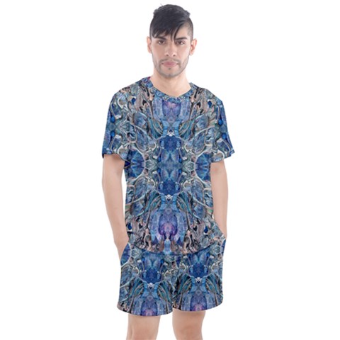 Blue Pour Blend  Men s Mesh T-shirt And Shorts Set by kaleidomarblingart