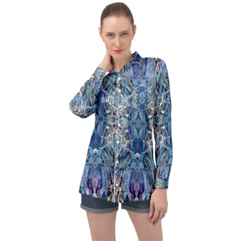 Blue Pour Blend  Long Sleeve Satin Shirt by kaleidomarblingart