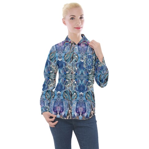 Blue Pour Blend  Women s Long Sleeve Pocket Shirt by kaleidomarblingart