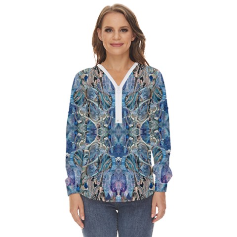 Blue Pour Blend  Zip Up Long Sleeve Blouse by kaleidomarblingart