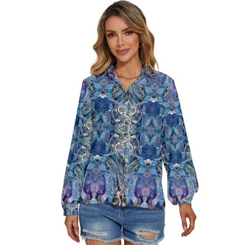 Blue Pour Blend  Women s Long Sleeve Button Up Shirt by kaleidomarblingart